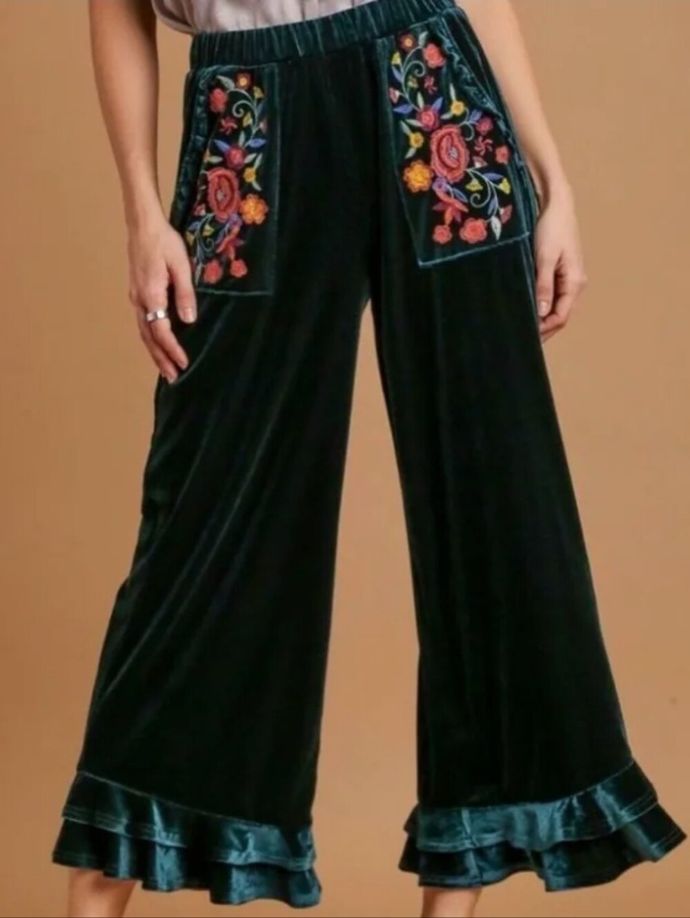 Umgee Boho Velvet Wide Leg Green Goblincore Cottagecore Ruffle Hem Pants Large